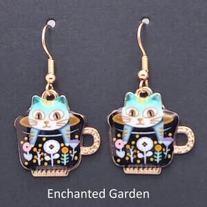 Enchanted Garden Cat Floral Black Teacup Earrings | Handmade Kitty Dangles